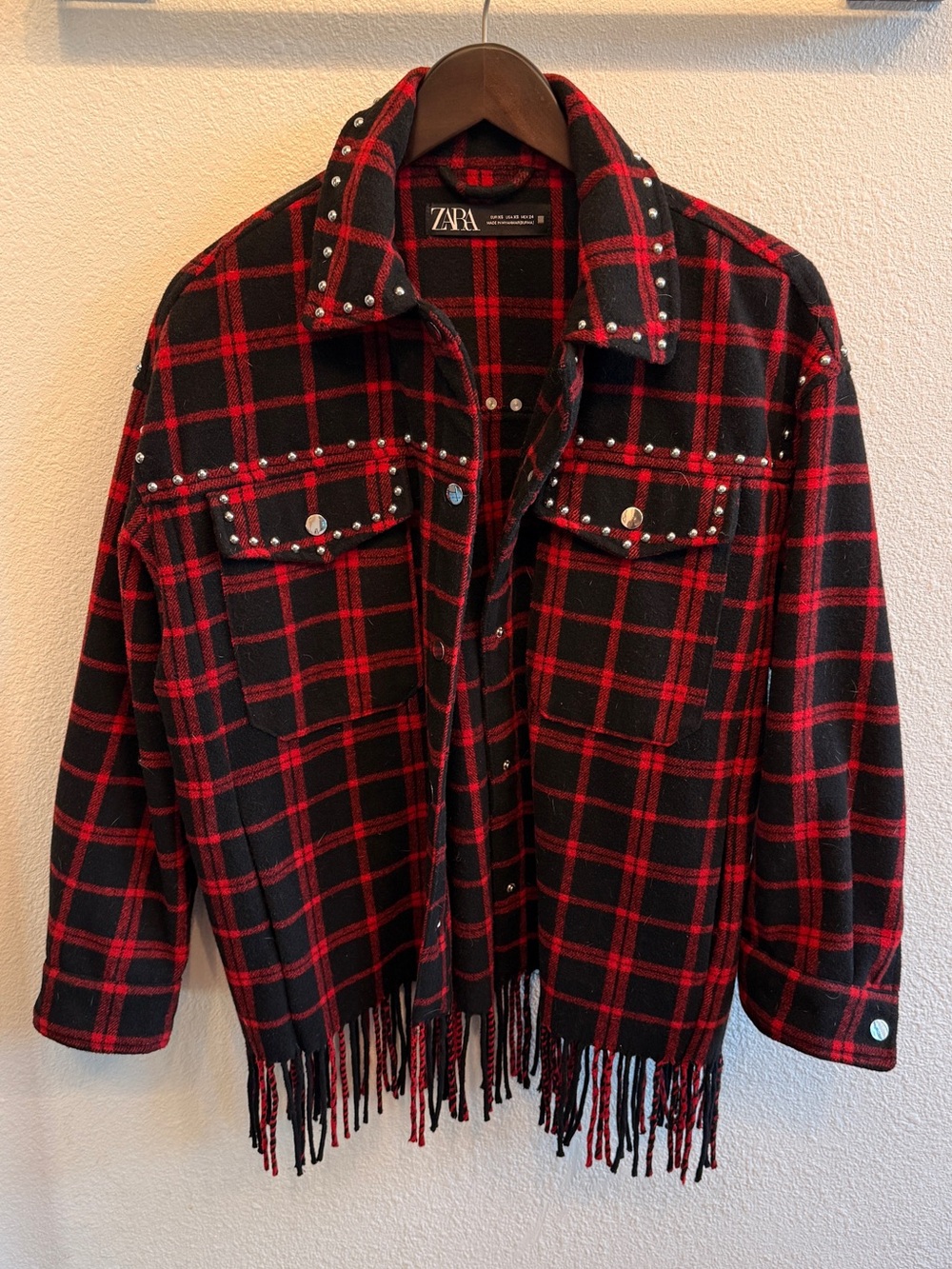 Zara Black & Red Studded Plaid Fringe Shirt Jacket